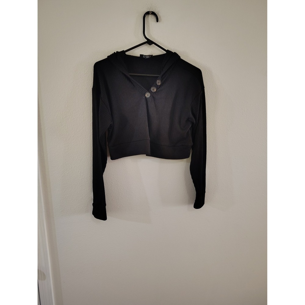 Love Black Ribbed Cropped Hoodie Button Henley Long Sleeve Top Large